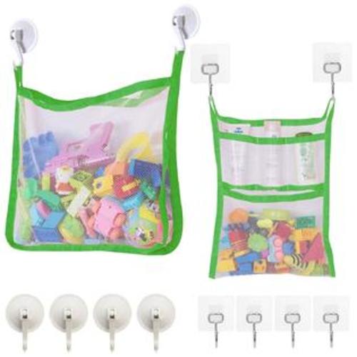 SUNDOKI bath toy organizer, sundoki toy holder storage bags 2 bath toy nets with and 8 hooks for kids, toddlers and adults (green)