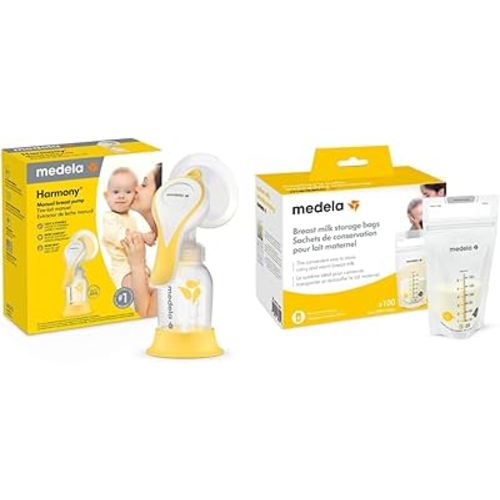 Medela New Harmony Manual Breast Pump with Flex Breast Shield and 100 Count Breast Milk Storage Bags, Compact Single Hand Breastpump, Ready to Use Breastmilk Bags for Breastfeeding