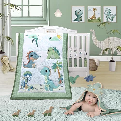 TrenD'lay 4 Piece Dino Unisex Baby Crib Bedding Set for Boys or Girls. Crib Comforter Set for Newborn and Baby Nursery Decor. Baby Bedding Set Includes Comforter, Fitted Sheet, Crib Skirt and Bib