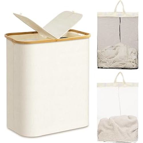 joybest Laundry Hamper with Lid, Beige Large Double Laundry Basket with Bamboo Handles Removable Bags, 2 Section Dirty Clothes Hamper for Laudry Room, Bathroom & Bedroom