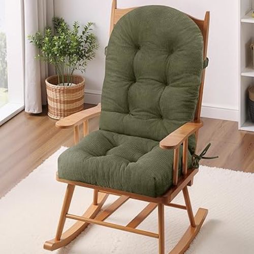 Rocking Chair Cushion - Plaid Corduroy Fabric, High-Density Sponge, Durable Comfort Non-Slip Bottom Tufted Seat Pads with Ties, Plaid Corduroy︱Reseda Green, 44x19x4 inch