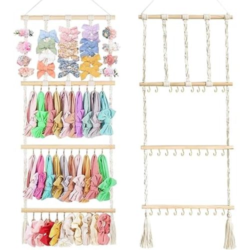 Sharme Bow Organizer for Girls - Large Capacity Hair Bow Holder, Baby Headband Accessories Wall Hanging Organizer for Toddler Girls' Nursery Room Decor - Boho