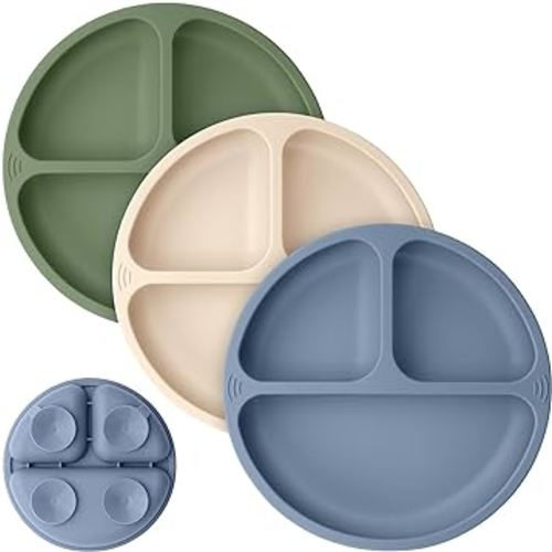 KeaBabies Suction Plates for Baby, Toddler - 3-Pack 100% Silicone Toddler Plates,Divided Baby Plates with Suction, Silicone Plates for Baby, Kids, BPA-Free, Microwave, Dishwasher Safe (Slate)