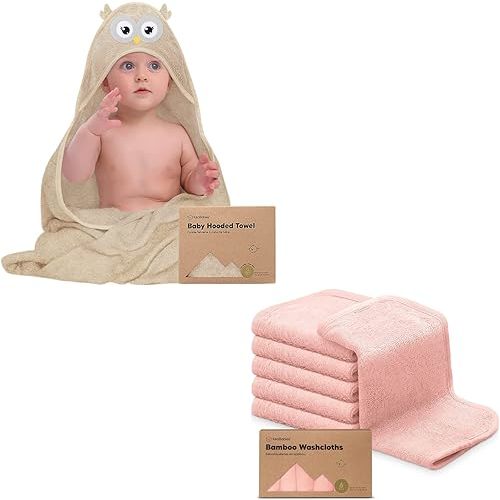 KeaBabies Baby Hooded Towel and 6-Pack Baby Washcloths