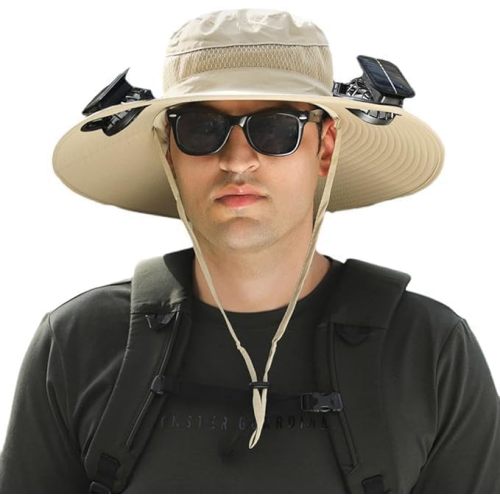 Solar Fan Hat, Wide Brim Sun Hat with 2 Solar Fan Built in Men Fishing Hat,Summer UV Hiking Camping Fishing Hat