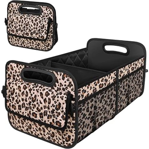 Deosk Trunk Organizer and Storage with Reinforced Handles,Car Accessories for Women/Men 50L Waterproof Polyester Trunk Organzier for Car/SUV/Minivan/Truck(Medium,Leopard print)