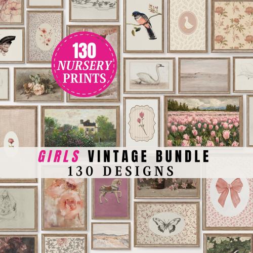 Pink Girl Nursery Bundle Set of 130+ Gallery PRINTABLE 1 Baby Girl Wall Art Collection Floral Art for Nursery Decor Baby Shower Gift | S1