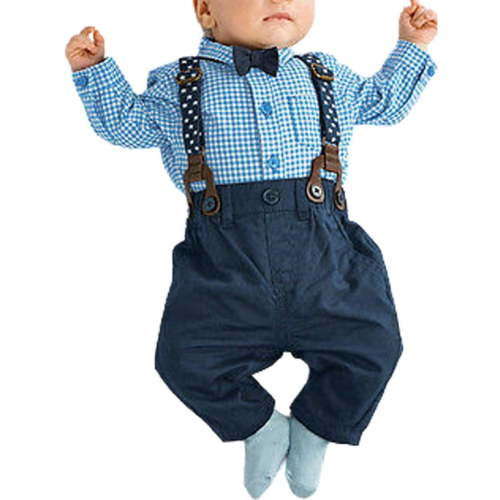 IZhansean 2Pcs Newborn Infant Baby Boy Gentleman Clothes Shirt Tops Bib Pants Outfits Set Blue 6-12 Months
