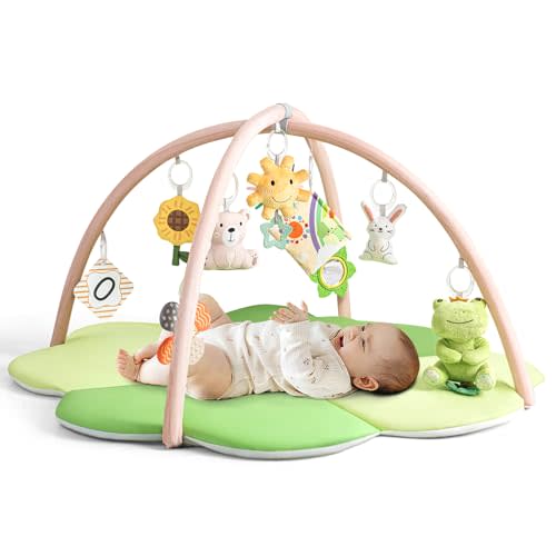 Baby Play Mat, Tummy Time Mat for Sensory Development, 4-Leaf Clover Baby Play Mat & Gym with 9 Detachable Toys, Portable & Easy to Clean, 0-9+ Months