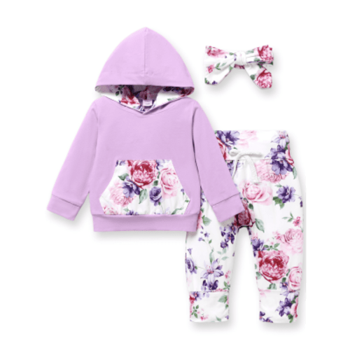 PatPat Baby Clothes for Girls Long-sleeve Floral Hoodie Pants and Headband Set,18-24 Months
