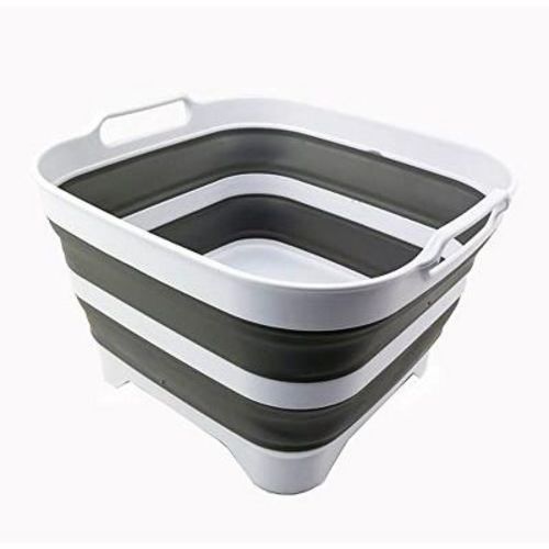 SAMMART 10L (2.64 Gallon) Collapsible Dishpan with Draining Plug, White/Grey/White