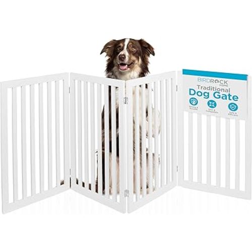 INTERNET'S BEST Dog Gate Indoor Freestanding Pet Barrier, Folding Wood Dog Fence, Extra Wide Doorway Puppy Gate, Indoor Animal Privacy Panel, Wooden Cat Fence - 4 Panel - 36", White