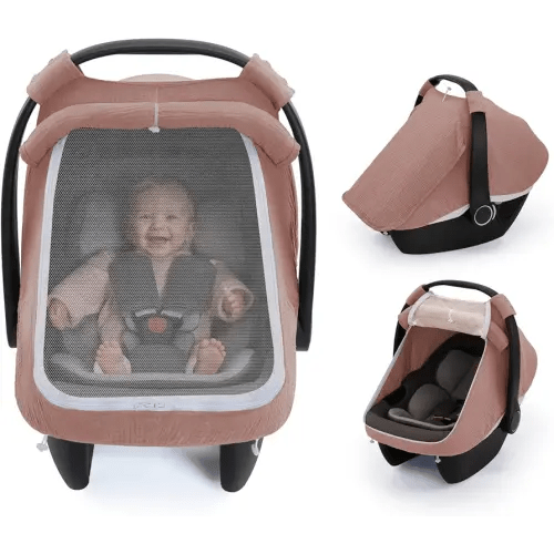 Blissful Diary Baby Car Seat Cover, Extra Large Mesh Window, Breathable Muslin Cotton, Infant Windproof Canopy-Dusty Pink