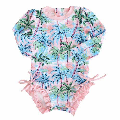 Long Sleeve Rash Guard With Ruffle Bottom | Pastel Palms