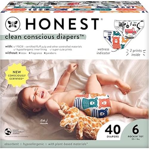 The Honest Company Clean Conscious Diapers for Sensitive Skin | Hypoallergenic, Fragrance Free | Gender Neutral Prints | Club Box, Size 6 (35+ lbs), 40 Count