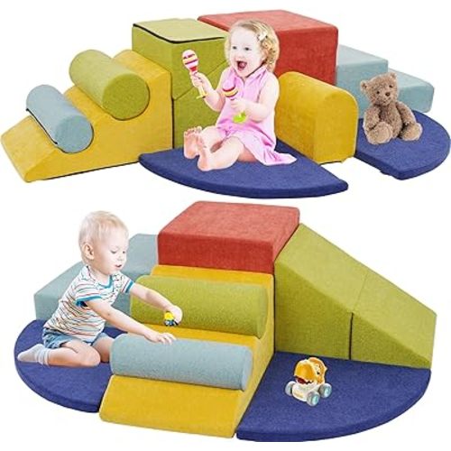 10Pcs Climbing Toys and Foam Climbing Blocks, Climb and Crawl Activity Play Set Inside, Kids Soft Play Equipment with Slide, Colorful Soft Play Equipment for Motor-Visual Coordination