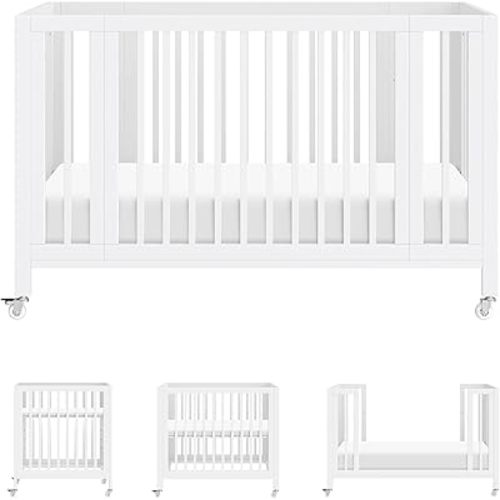 babyletto Rolli 9-in-1 Convertible Baby Crib w/Wheels - Includes Pad & Conversion Kits for Bassinet, Standard Crib, Toddler Bed, Daybed & Junior Bed - GREENGUARD Gold - 3 Adjustable Heights - White