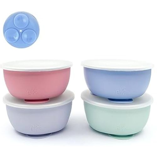 Elk and Friends Kids Stainless Steel Bowls with Silicone Suction Sleeves | Lids Included | Suitable for Babies/Toddlers | Dishwasher Safe | Stay Put Dinnerware | Snack Dishes | 4 Pack