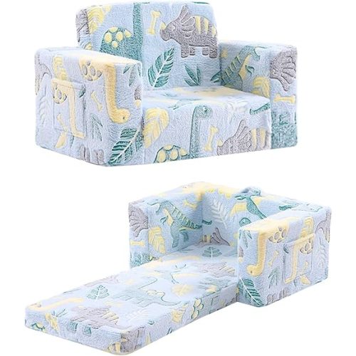 Toddler Chair Kids Couch, 2-in-1 Toddler Soft Sherpa Couch Fold Out Armchair Glow in The Dark with Removable Cover, Convertible Reading Chair Toddler Sofa for Kids, Plush Green Dinosaur