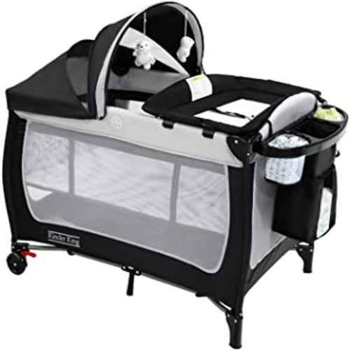 Kinder King 3 in 1 Portable Pack n Play, Baby Nursery Center Playard w/Bassinet, Large Playpen for Infant and Toddler, Newborn Changing Table, Adjustable Canopy, Storage Basket, Travel Bag, Black