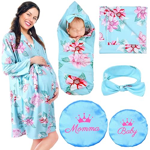 Mepase 5 Pcs Mommy and Me Robe Swaddle Headband Cap Set Including Maternity Robe Baby Blanket Headband Hat for Mom and Baby