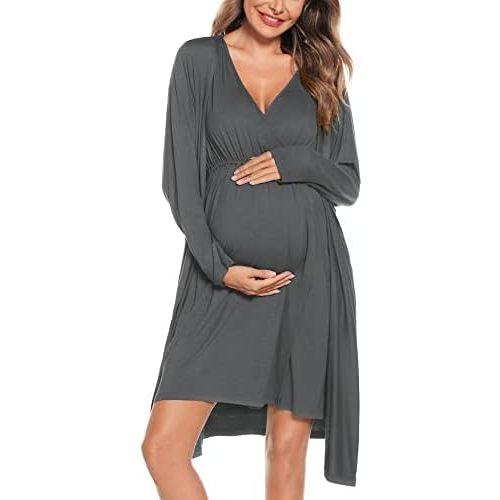 SWOMOG Women Maternity Nursing Gown and Robe Set 3 in 1 Labor Delivery Nursing Nightgown for Breastfeeding Hospital Bathrobe