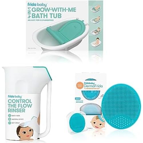 Frida Baby 4-in-1 Grow-with-Me Bath Tub & Control The Flow Polypropylene ABS Rinser & DermaFrida The SkinSoother Baby Bath Silicone Brush| Baby Essential for Dry Skin, Cradle Cap and Eczema (2 Pack)
