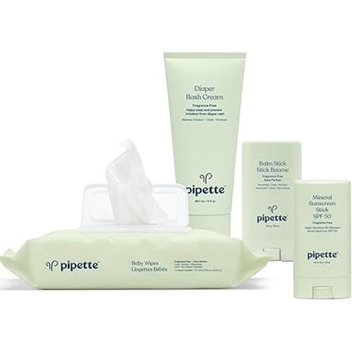 Pipette Baby Travel Essentials Set Bundle, Clean, 100% Mineral Water-Resistant Sunscreen SPF 50, Fragrance-Free Baby Balm Stick, Water-Based Baby Wipes, Fragrance-Free Diaper Rash Cream