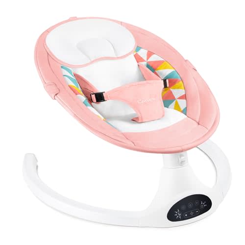 LAREX Baby Swings Electric Baby Swing Bluetooth Infant Swing Portable Rocker with 5 Speeds, 1 Seat Position, Remote Control, Pink