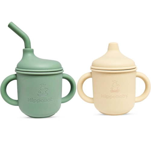2 pack Silicone Sippy Cups with Straws for Babies and Toddlers (Mint/Cream)