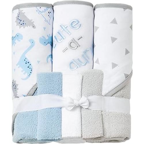 Viviland Baby Towels and Baby Wash Cloths Set Hooded Baby Towels Baby Wipes Absorbent Bath Face Towels Burp Cloths or Face Towels for Girl Boy 6-Pack Size 28 x 28 Inch(Dinosaur)
