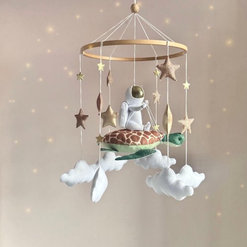 Outer space baby mobile for crib, Green turtle astronaut mobile, Galaxy nursery decor, Babyshower gift, New baby gift, Solar system mobile