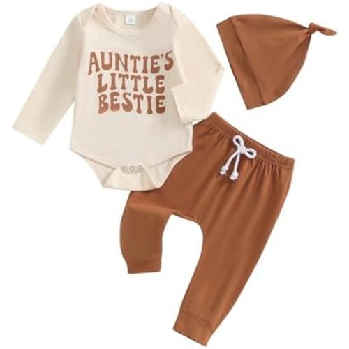 Aunties Bestie Baby Clothes Gender Neutral Unisex Funny Letter Bodysuit Romper Solid Leggings Pants Hat 3Pcs Outfits