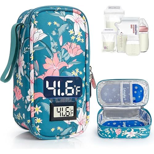 Breast Milk Cooler Travel Bag, Real-Time Temperature Display, Holds 4-6 Breastmilk Storage Bag with 2 Breast Milk Ice Pack, Cooling & Waterproof Portable Cooler for Moms on the Go(lily)