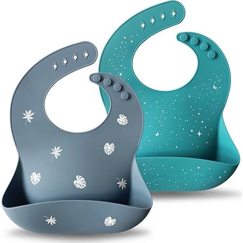 Moonkie Silicone Baby Bibs Set Of 2 | BPA Free Waterproof | Soft Flexible Adjustable Silicone Bibs for Babies & Toddlers(Tradewinds/Teal)