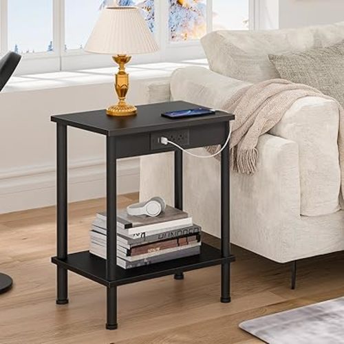 End Table with Charging Station,Small Side Table,2-Tier Nightstand with Storage Shelf,Sofa Bedside Table for Small Spaces in Living Room,Bedroom,Office,Easy Assembly,Black