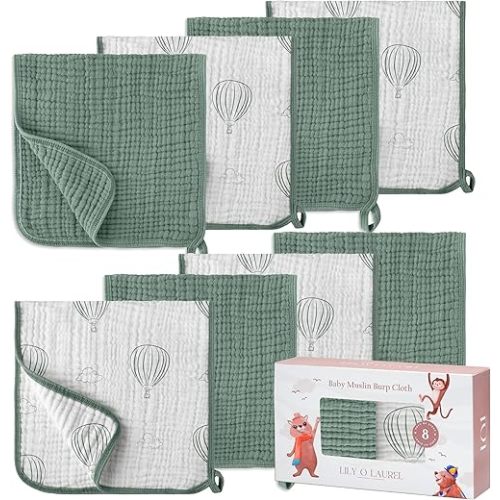 Muslin Burp Cloths, 20"x10"- Pack of 8, 6 Layers Super Soft Absorbent & Breathable 100% Cotton for Baby Drool and Messes, Burp Cloth Baby Boy and Burp Cloths Baby Girl