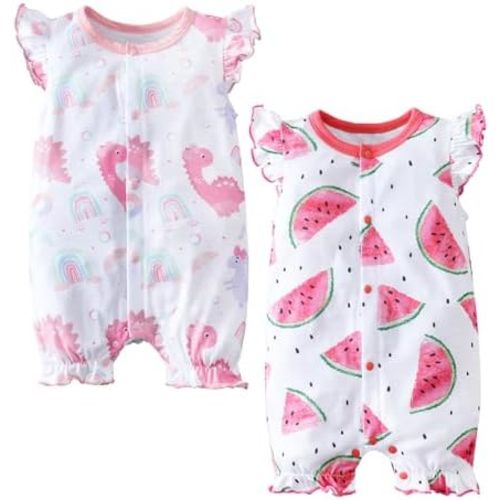 2-Pack Baby Girls Romper Newborn Watermelon Print Ruffles Sleeve Onesie Infant Summer Clothes