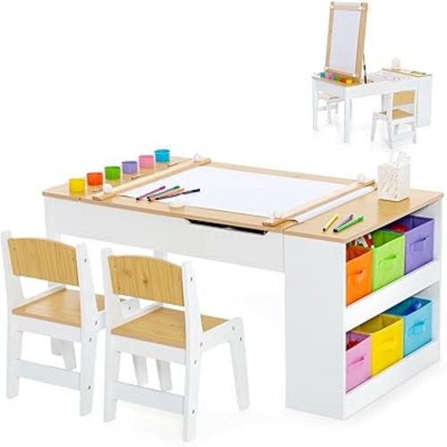 Costzon 3 in 1 Kids Table and Chair Set, Wood Art Table & Easel Set with 2 Chairs, 6 Storage Bins, Paper Roller, Paint Cups for Draw, Write, Play, Arts & Crafts, Toddler Table and Chair Set (Natural)