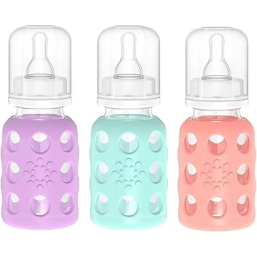 Lifefactory Glass Baby Bottles with Silicone Protection - 3-Pack, 4 Ounce Bottles, (1- Lavender, 1- Mint & 1- Cantaloupe)