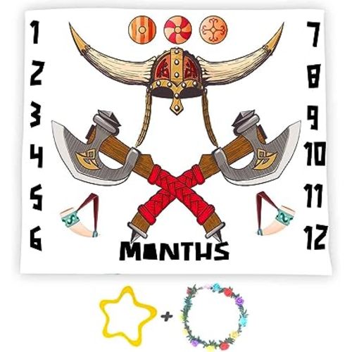 Viking Baby Monthly Milestone Blanket, 48x40in Soft Flannel, Helmet Ax Bone, Newborn Mom Gifts, Baby Shower Age Growth Tracker with Bonus Maker BTXFSS47
