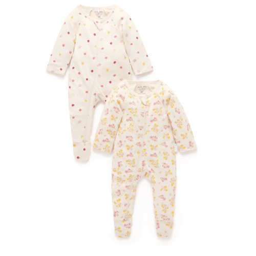 White Raspberry Floral 2 Pack Zip Growsuit - Baby Growsuits - Purebaby - Purebaby