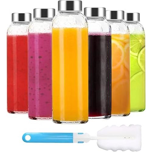 Clear Glass Bottles with Lids 18 oz, Reusable Glass Water Bottles with Stainless Steel Cap for Juicing, Refrigerator,100% Leak Proof, BPA Free, Juice Water Bottle Set of 6