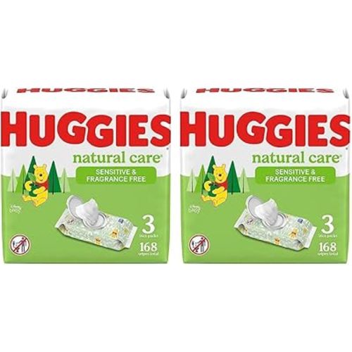 Huggies Natural Care Sensitive Baby Wipes, Unscented, Hypoallergenic, 99% Purified Water, 3 Flip-Top Packs (168 Wipes Total) (Pack of 2)