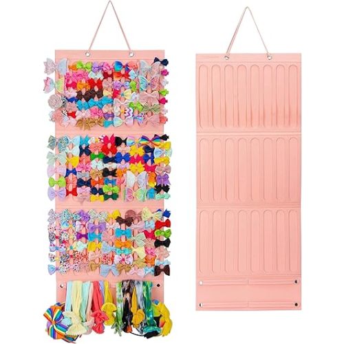 Girly Pink Hair Accessory Organizer - Holder for Girls' Hair Bows, Clips, Ties & Scrunchies - Foldable Wall Mount Storage Caddy