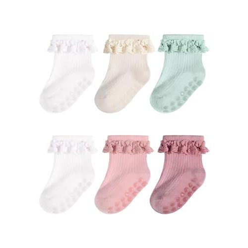 Baby Girl Ruffle Socks Toddler Non Slip Soft Socks with Grip for Girls Infant 6 Pairs, 0-4T