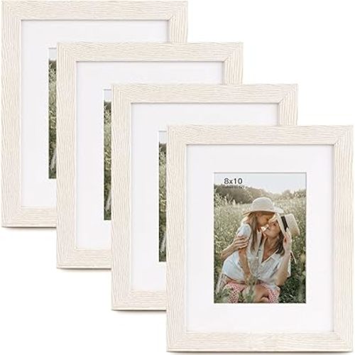 8x10 Picture Frame with Mat for 5x7 Set of 4, Rustic White Wood Grain 8 x 10 Gallery Wall Picture Frames for Tabletop or Wall Mounting(4 Pack, White)