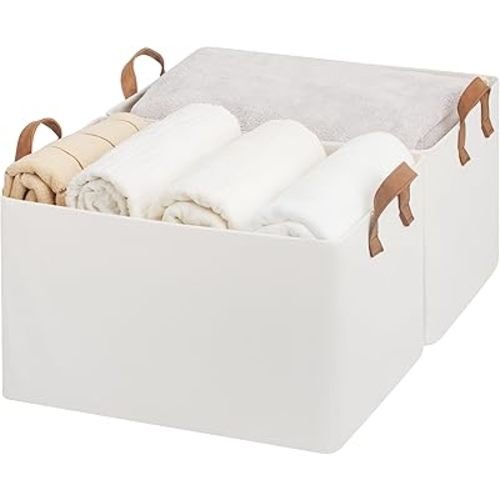StorageWorks 45L Extra Large Fabric Storage Bins with PU Handles, Storage Baskets for Organizing, Large Laundry Basket, 2-Pack, Beige, 19" L X 13.25" W X 11" H