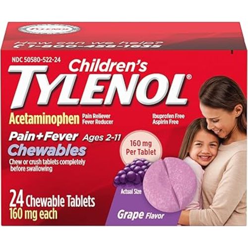 Tylenol Children's Chewables with 160 mg Acetaminophen, Pain Reliever & Fever Reducer for Kids' Cold + Flu Symptoms, Headache, Sore Throat & Toothache, Aspirin-Free, Grape Flavor, 24 ct