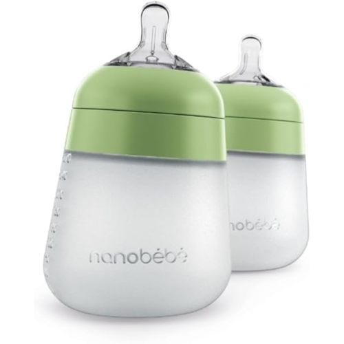 Nanobebe Flexy Silicone Baby Bottle, Anti-Colic, Natural Feel, Non-Collapsing Nipple, Non-Tip Stable Base, Easy to Clean 2-Pack, Sage, 9oz